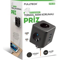 Fulltech Termal Akım Korumalı 3'lü Duvar Tipi Priz 3 Usb'li Küp Priz Ftr-09 - Blic (1)