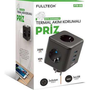Fulltech Termal Akım Korumalı 3'lü Duvar Tipi Priz 3 Usb'li Küp Priz Ftr-09 - 2